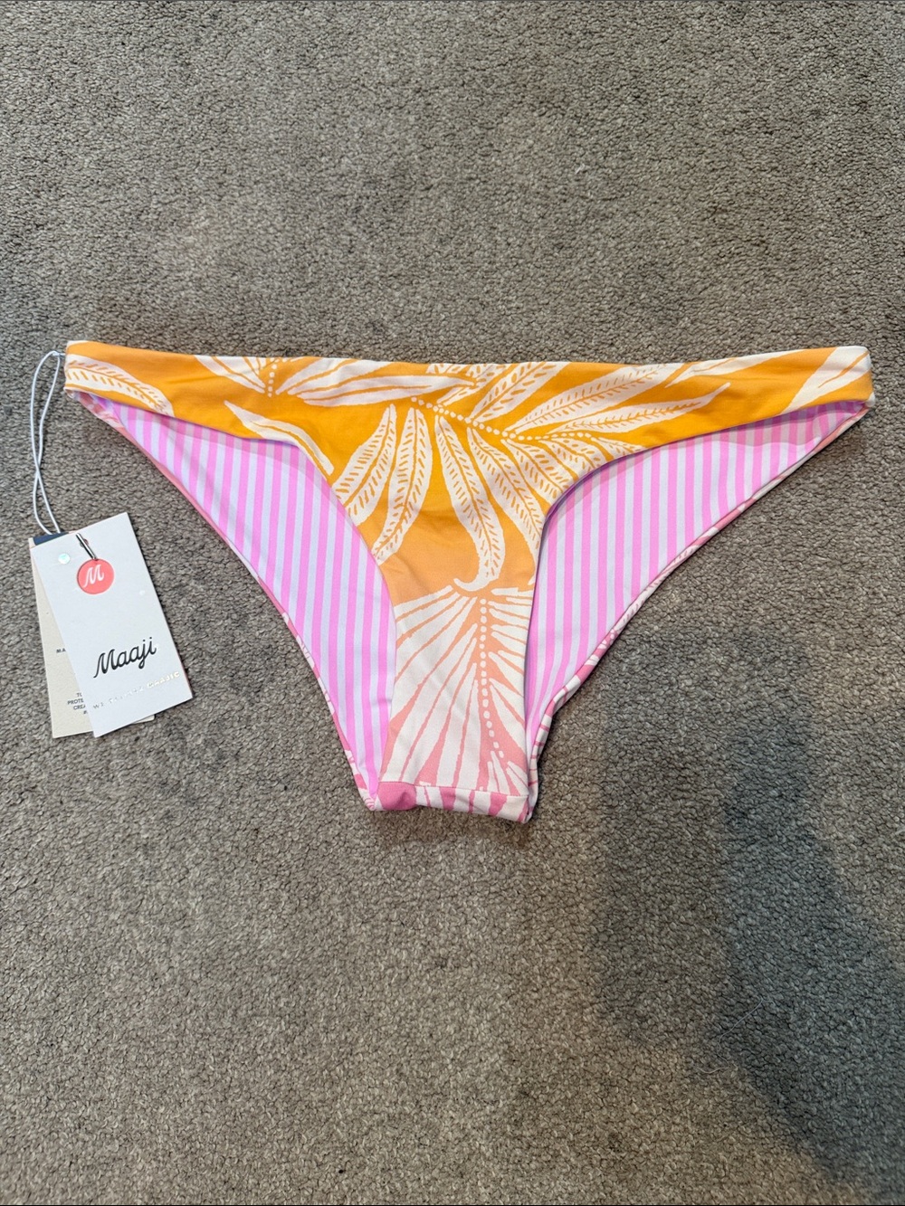 Maaji Pink Orange Ombre Palm Print Reversible Bikini Swim Bottoms Size L